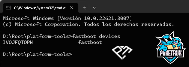 Terminal de Windows mostrando un dispositivo detectado por Fastboot