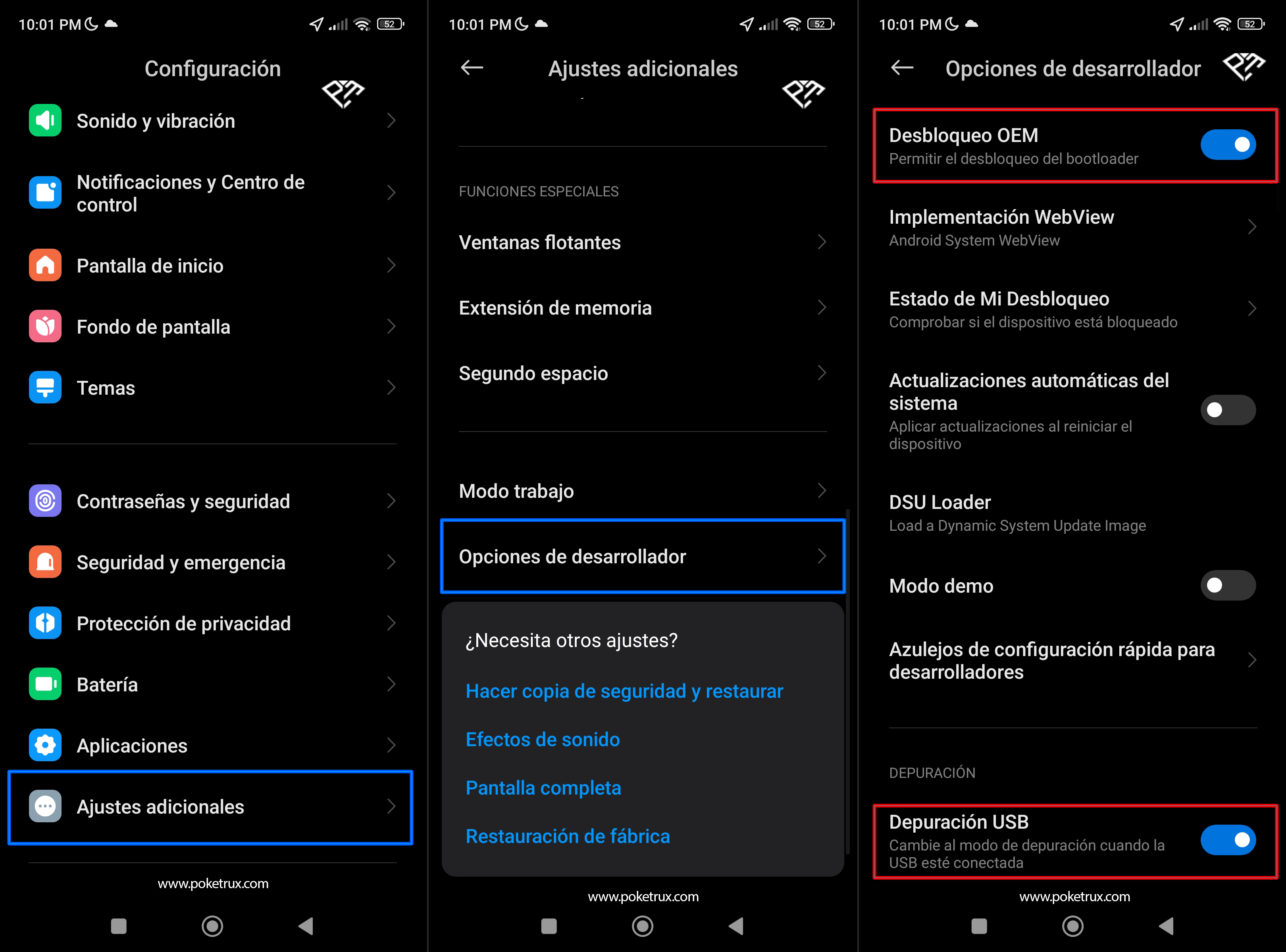 Opciones de depuración USB y desbloqueo OEM activadas en un Xiaomi