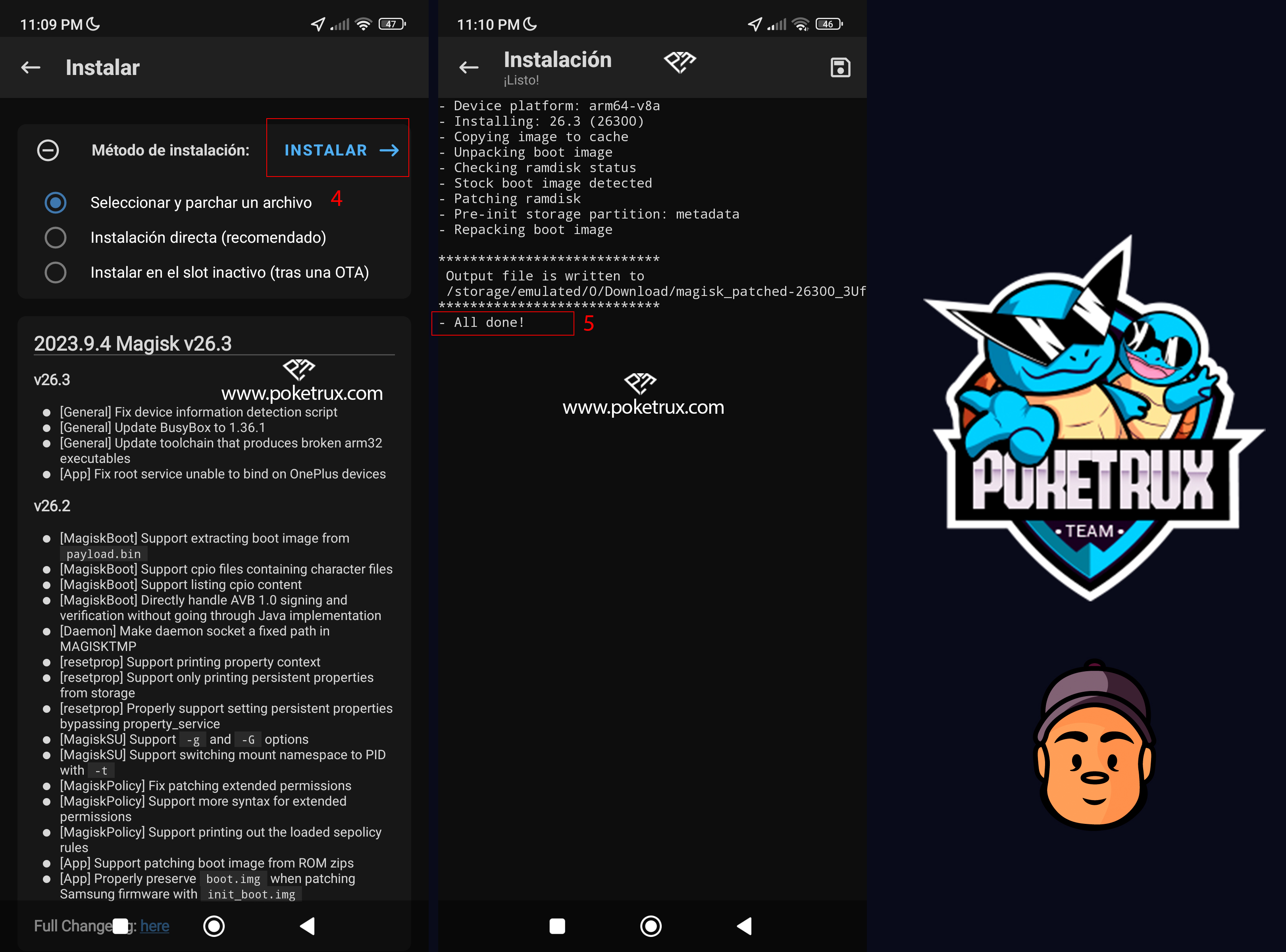 Magisk mostrando que el parche de la imagen terminó correctamente