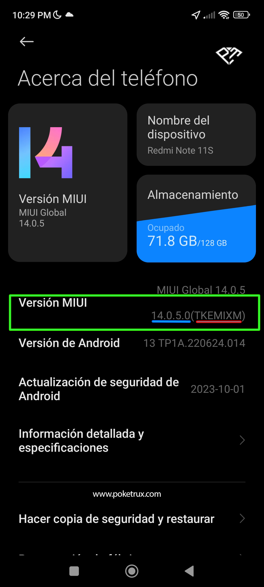 Pantalla de información con la versión instalada de MIUI o HyperOS